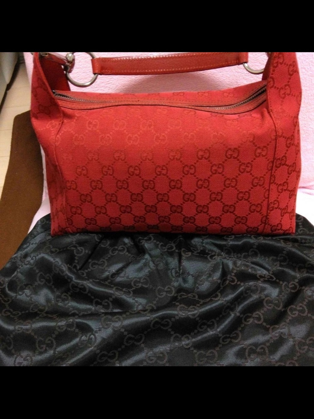 Gucci Red GG Monogram Shoulder Bag with Leather Trim